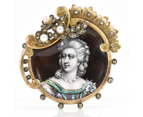 A 19th century French yellow metal, emalled, diamond and pearl brooch, the enamel plaque depicting a maiden, surmounted by st
