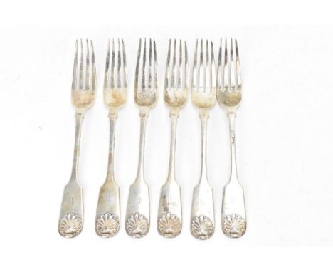 A Victorian set of six silver table forks by Henry Wilkinson &amp; Co, hallmarked London 1862, each in the fiddle and shell p