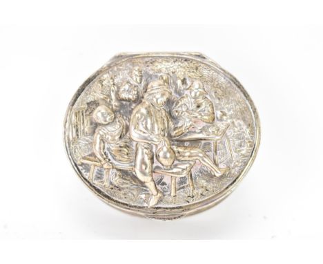A George IV silver snuff box by Edward Farrell, hallmarked London 1821, of oval form, the hinged lid decorated in high relief