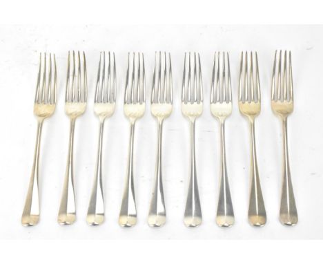 A set of nine George VI silver dessert forks, makers marks rubbed, hallmarked London 1936, 387.2 grams 