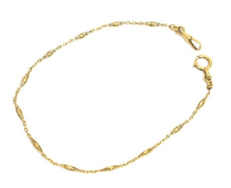 A Victorian yellow metal pocket watch fancy link chain, having a dog clip and a bolt ring clasp, 36cm, 6 grams 