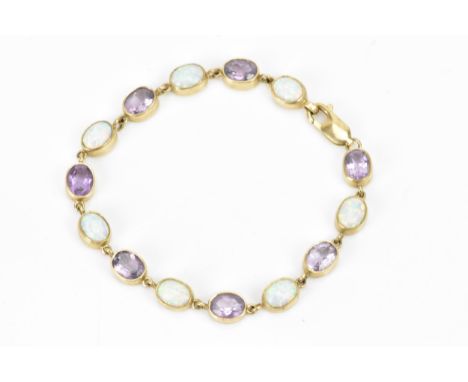 A 9ct gold amethyst and opal bracelet, the links alternating between faceted with amethyst and opals in oval settings, with a