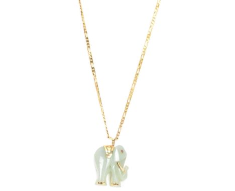 An yellow gold and jadeite pendant on an 9ct gold curb link chain, the pendant fashioned as an elephant with gold mounts and 