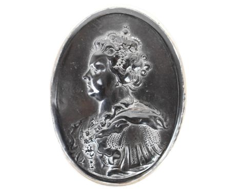 An 18th/19th century silver mounted moulded tortoiseshell snuff-Box, of oval form, the cover moulded with a portrait of Queen