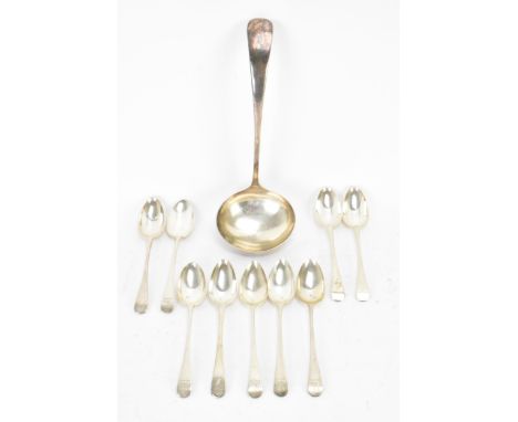 A matched set of nine early 19th century and later silver dessert spoons with various dates and makers marks, five engraved w