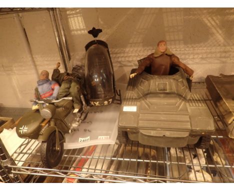 Three Action Man figurines a sidecar motorcycle helicopter armoured vehicle bag of Action Bag clothing etc