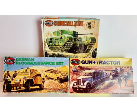 Airfix Series 1 &amp; 2 3x Model Kits Inc Churchill Tank, Gun &amp; Tractor &amp; German Recce Set All Boxed