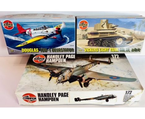 Airfix Model Kits 3x 1/72 Scale Kits to inc Vickers Light Tank, Douglas TBD-1 Devastator &amp; RAF Hampden All Kits Boxed