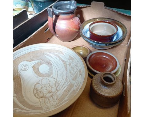 Assorted studio pottery (box)Bird bowl no major faults found, Stamped R with 'Design taken from Rowlstone Church - 26.5 cm wi