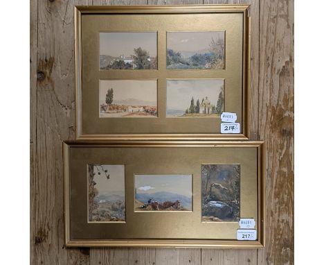 F K Kindersley, landscape, watercolour, 8 x 10 cm and six others by the same artist, in two frames (2)