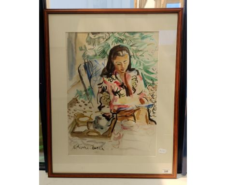 Katharine Church, portrait of a lady reading a book, watercolour, signed, 50 x 38 cm