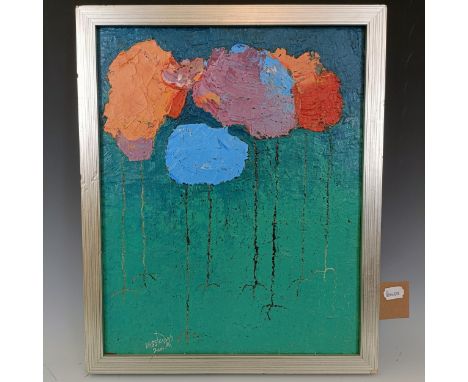 Dagslanyilo, abstract, oil on board, signed and dated 2004, 38 x 47 cm