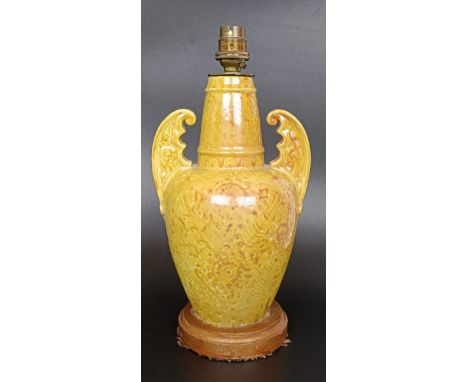 A William De Morgan style vase, converted to a lamp, with oak base glued on, 28 cm highbase cannot be removed without damagin