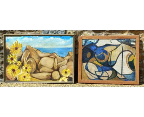 20th century, English school, abstract, oil on canvas, 44 x 55 cm, and a seascape, oil on canvas, 52 x 76 cm (2)