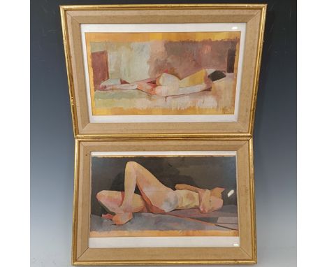 C Hooper, a reclining nude, watercolour, signed and dated '97, 17 x 32 cm, and its pair (2)