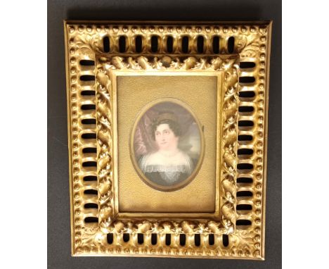 A 19th century miniature portrait of Mary Albine on ivory, 9 x 6 cm, in a gilt frame, 24 x 19 cm Ivory Exemption Certificate 