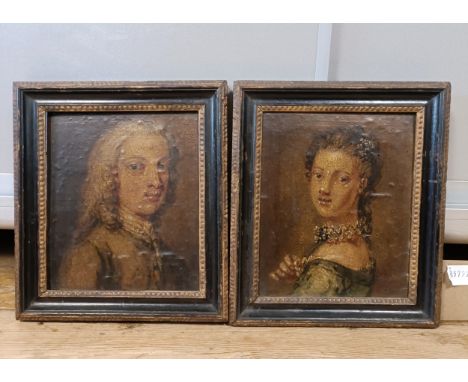 An overpainted print, a portrait of a gentleman, 16 x 15 cm, and its pair of a lady (2)on paper, some worm holes