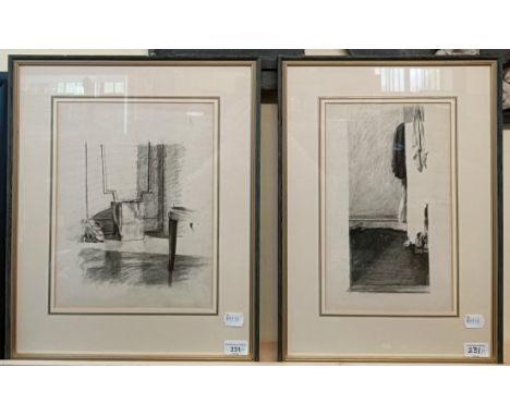 20th century, English school, a paper bag by a door, charcoal, 33 x 25 cm, and shoes by a door, charcoal, 33 x 20 cm (2)