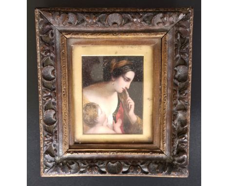 A 19th century portrait of a women and child, on ivory, 9 x 8 cm, in a period carved wooden frame, 10 x 7 cm Ivory Exemption 