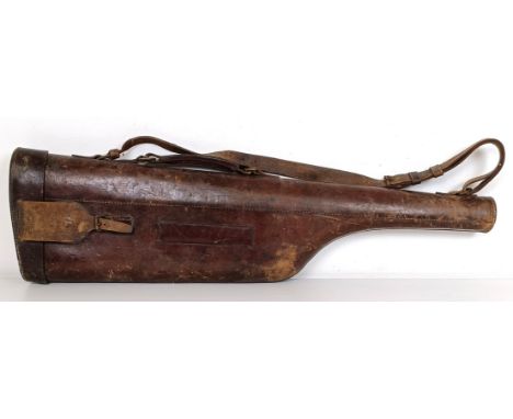 A 19th century leather leg o' mutton gun case, 80 cm wide, and a pair of bellows, 102 cm (2)
