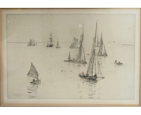 After William Lionel Wyllie, a flotilla of boats, dry point etching, 17 x 25 cm, and its pair (2)