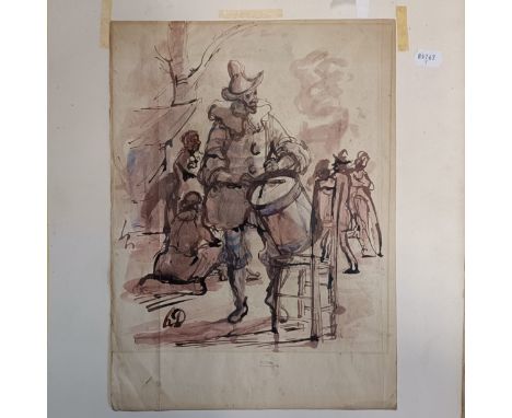 19th century, Continental school, study of a jester playing a drum, gouache and wash, initialled HD, unframed, 46 x 35 cm
