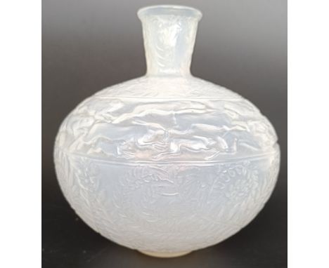 René Lalique (French 1860 - 1945), a Lievre opaque glass vase, engraved R Lalique, 14 cm high
