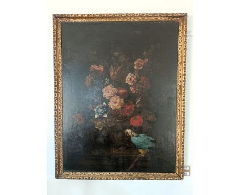 19th century, Continental school, still life with a parrot, oil on board, 90 x 69 cm, in a carved gilt wood framerestored