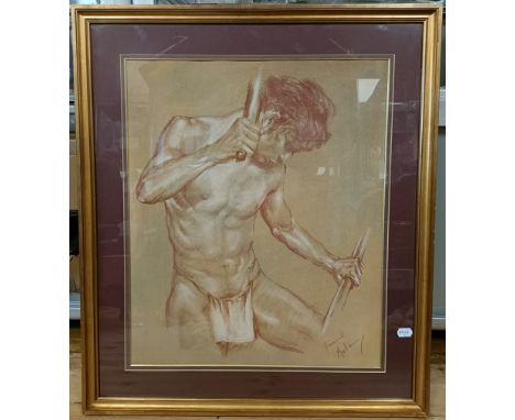 A study of a man, pastel, indistinctly signed, 66 x 55 cm, and two other pictures (3)
