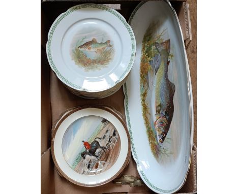 A dessert service, decorated fish, a pair of prattware plates, decorated hunting scene and a novelty hook in the form of a ho
