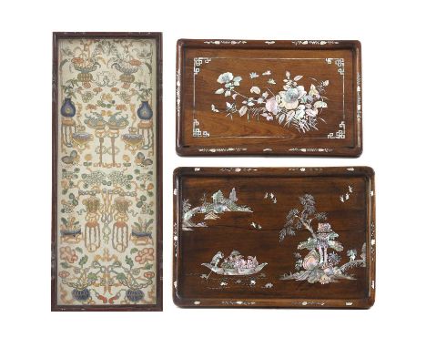 A Chinese wood tray,late Qing dynasty, centred with an embroidery with flowers and precious objects, the border pierced and c