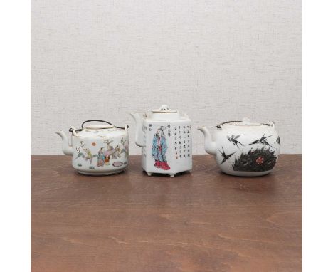 A Chinese famille rose teapot,Guangxu (1875-1908), of hexagonal form, painted in the wushuangpu style with renowned historica