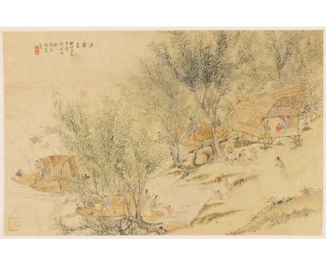 A Chinese hanging scroll,19th century, painted with the life of fishermen and their families on boats on a river, inscribed w