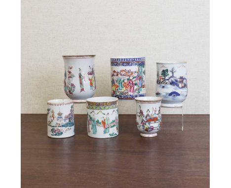 A collection of Chinese export famille rose mugs,18th-19th century, of cylindrical or baluster form, painted with figures, la