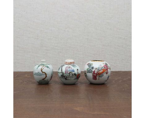 A collection of three Chinese famille rose water pots,19th century, each of globular form, painted with Daoist Immortals or f