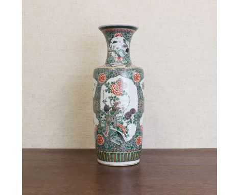 A Chinese famille verte vase,Guangxu (1875-1908), of cylindrical form, painted with birds and flowers or a landscape in shape