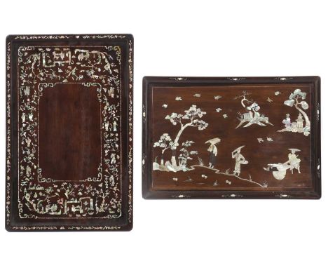 A Chinese wood tray,late Qing dynasty, of rectangular form, inlaid with Eight Daoist Immortals amongst fruiting trees, birds 