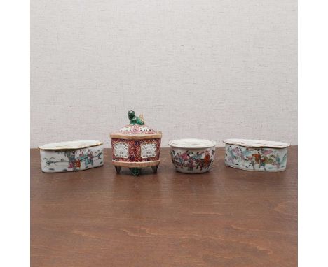 Three Chinese famille rose incense holders,Tongzhi (1862-1874), comprising one circular and two lobed, painted with figures i