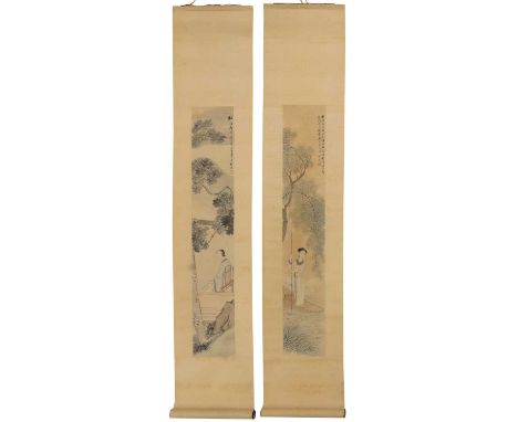 A pair of Chinese hanging scrolls,19th-20th century, each painted with a lady, one standing on a boat in the spring, the othe