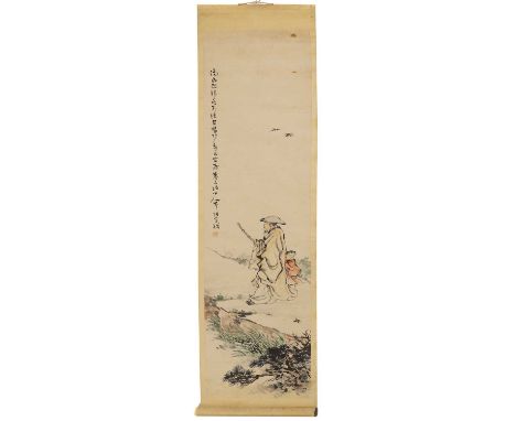 A Chinese hanging scroll,19th-20th century, painted with a literatus with a bamboo walking stick, followed by an attendant, i