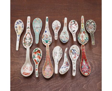 A collection of Chinese porcelain spoons,late 19th century, decorated with figures, dragons, precious objects, or birds and f