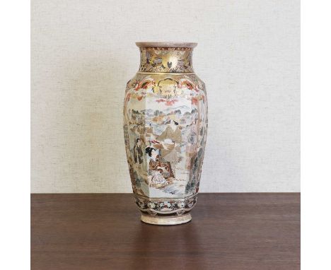 A Japanese Satsuma ware vase,Meiji period (1868-1912), the hexagonal body rising from a circular foot to a flared rim, painte