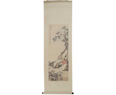 A Chinese hanging scroll,20th century, painted with a literatus seated on a rock under a tree, accompanied by a lady musician