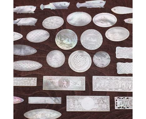 A collection of Chinese mother-of-pearl counters,late 19th century, in rectangular, circular, oval, olive-shaped, or fish for