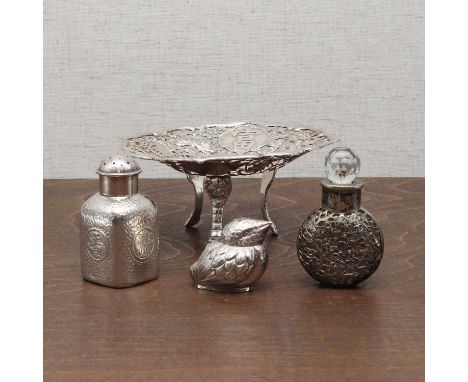 A collection of Chinese silver,late 19th century, comprising:a tray, of lobed form on three spreading mask and paw legs, the 