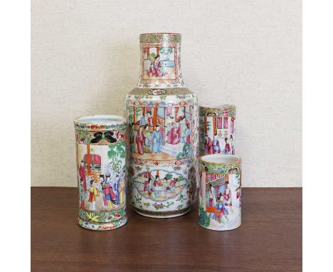 A collection of Chinese Canton famille rose,c.1900, comprising a rouleau vase, a cylindrical vase and a pair of brush pots, a