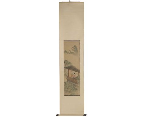 A Chinese hanging scroll,19th-20th century, of a lady seated by a window with a scroll in her hand, inscribed with the signat