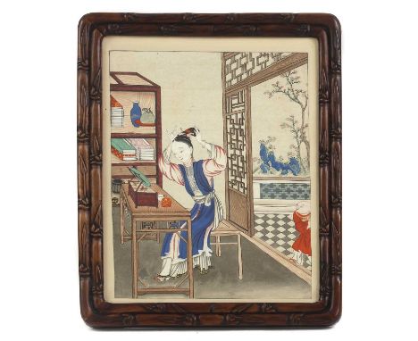 A Chinese painted print, 19th century, decorated with a lady in a sitting room looking into a mirror, ink and colour on paper