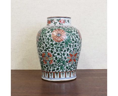 A Chinese wucai vase,Kangxi (1662-1722), of baluster form, painted with scrolling lotus, 33cm high清康熙 五彩缠枝莲纹将军罐Condition Repo