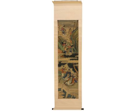 A Chinese hanging scroll,19th-20th century, in the style of Jiao Bingzhen, painted with literati seated under a pine tree in 